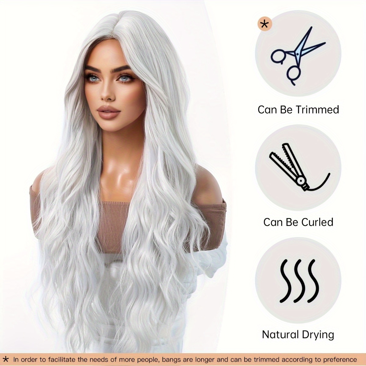 Hair Care Natural - 安信ブランド合成繊維ウィッグ：シルバーホワイトの自然な大きなウェーブのかかったロングカールヘアスタイル、髪の毛は滑らかで光沢があり、質感はダイナミックで軽量です。 高品質の合成繊維素材で作られており、快適な着用感、肌に優しく、お手入れが簡単です。 大人の女性の日常のファッションスタイリング、目を引くパーティー衣装、コスプレキャラクターの再現、ゴシック/レトロをテーマにした衣装、トレンディなアイテムに適しています。