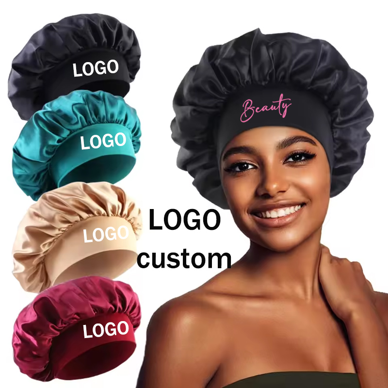 Hair Care Logo - シルクボンネットヘアケア用パーソナライズロゴサテンボンネット睡眠用キャップヘアボンネット調節可能な弾性バンド付きヘアアクセサリー